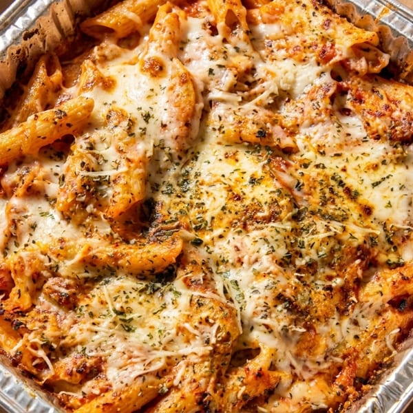 Baked penne pasta with melted cheese and herbs in a foil takeout container.