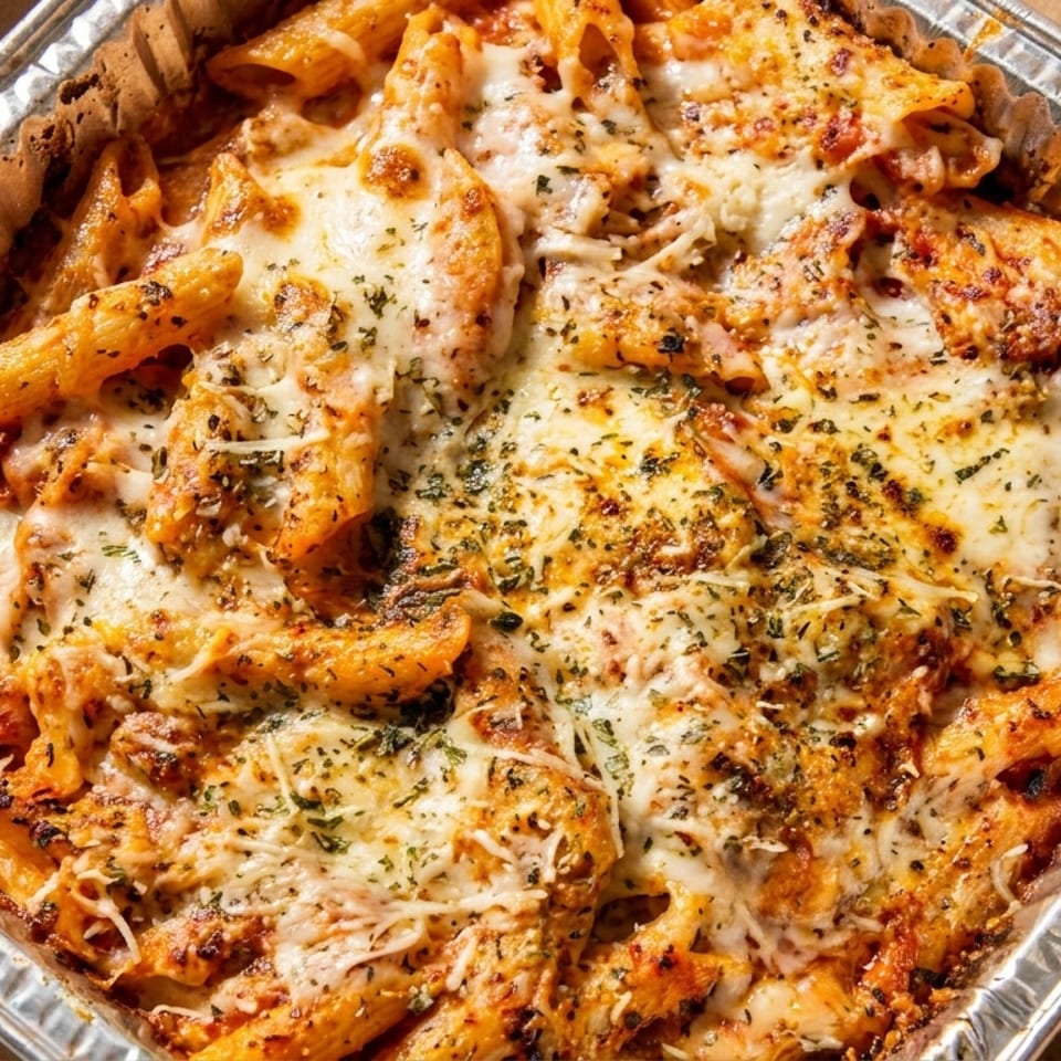 Baked penne pasta with melted cheese and herbs in a foil takeout container.
