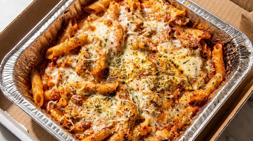 Baked penne pasta with melted cheese and herbs in a foil takeout container.